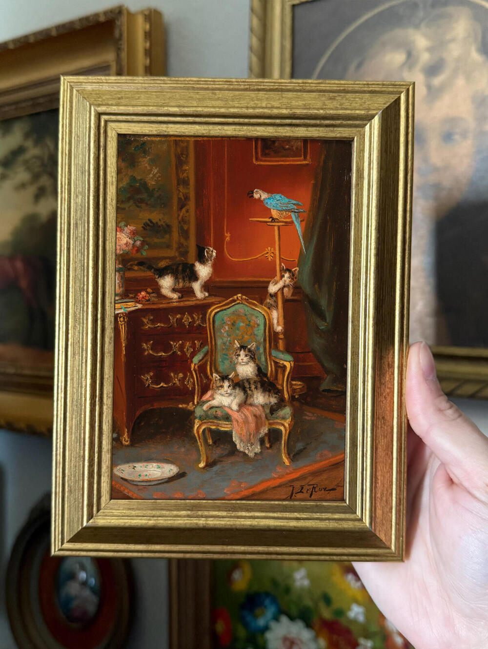 Vintage Style Cottage Cats on Fancy Chair Art Print Framed